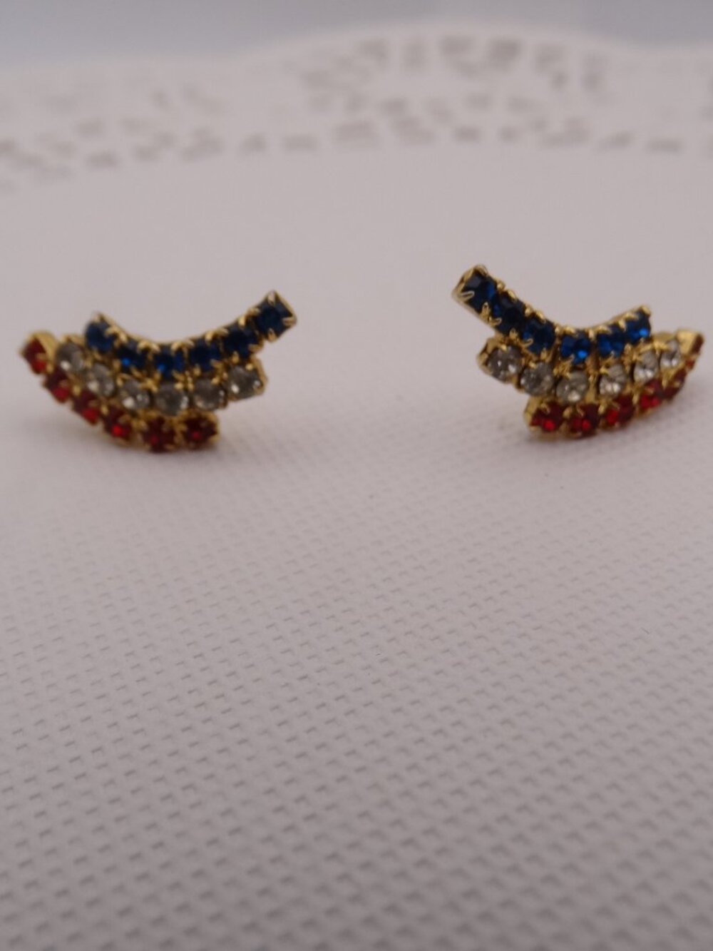Vintage Patriotic USA Red White Blue Prong Set Rhinestone Stud GoldTone Earrings